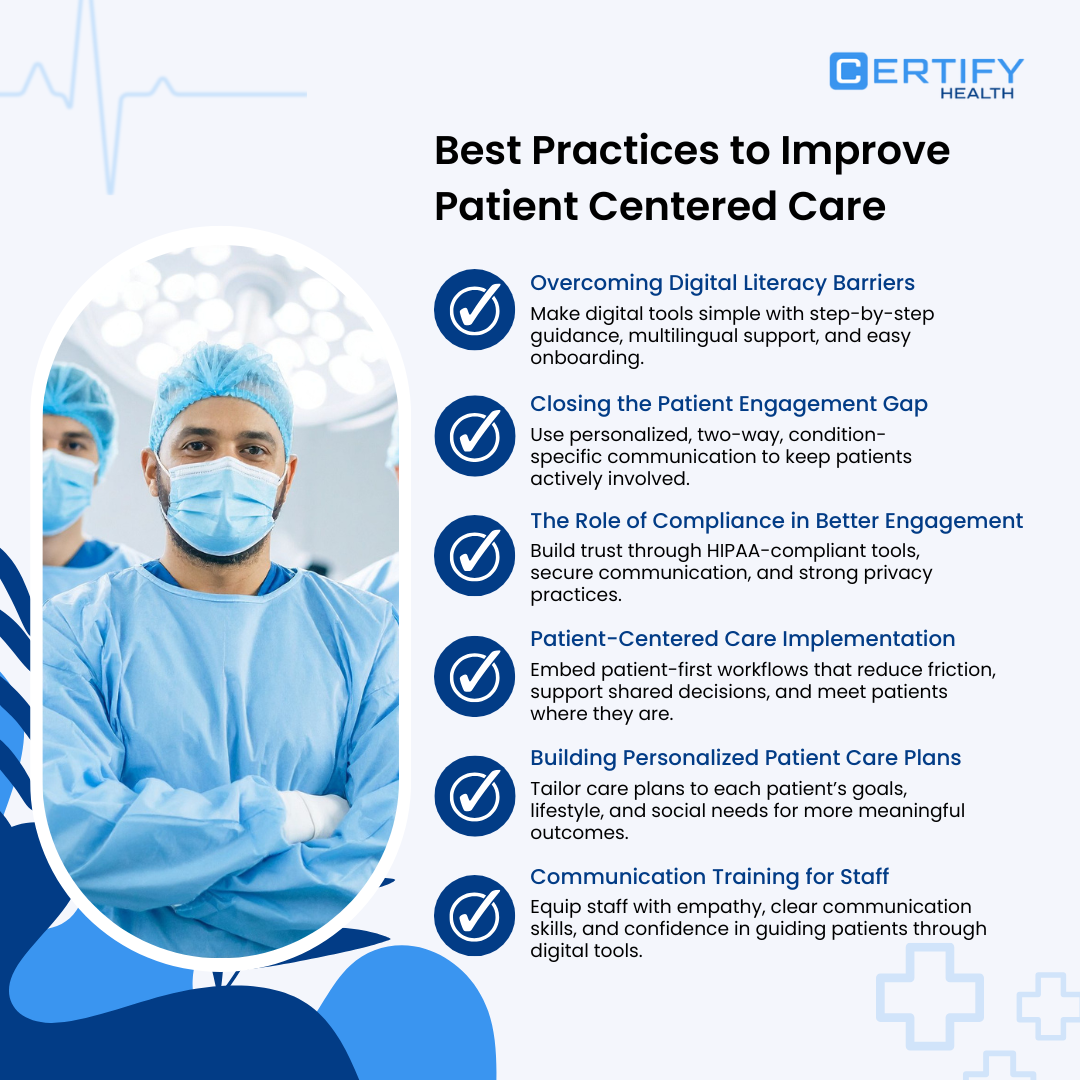 An infographic outlining best practices for patient-centered care: simplify digital tools, personalize engagement, ensure HIPAA-compliance, embed patient-first workflows, tailor care plans, and train staff in empathetic communication.