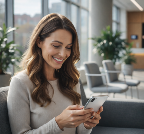 Woman engaging with a patient experience platform on her smartphone in a modern setting.