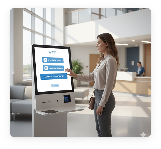 User updating health information on a self-scheduling kiosk