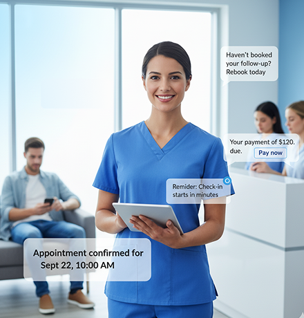 Smiling nurse holding tablet with patient appointment reminders in a health clinic.